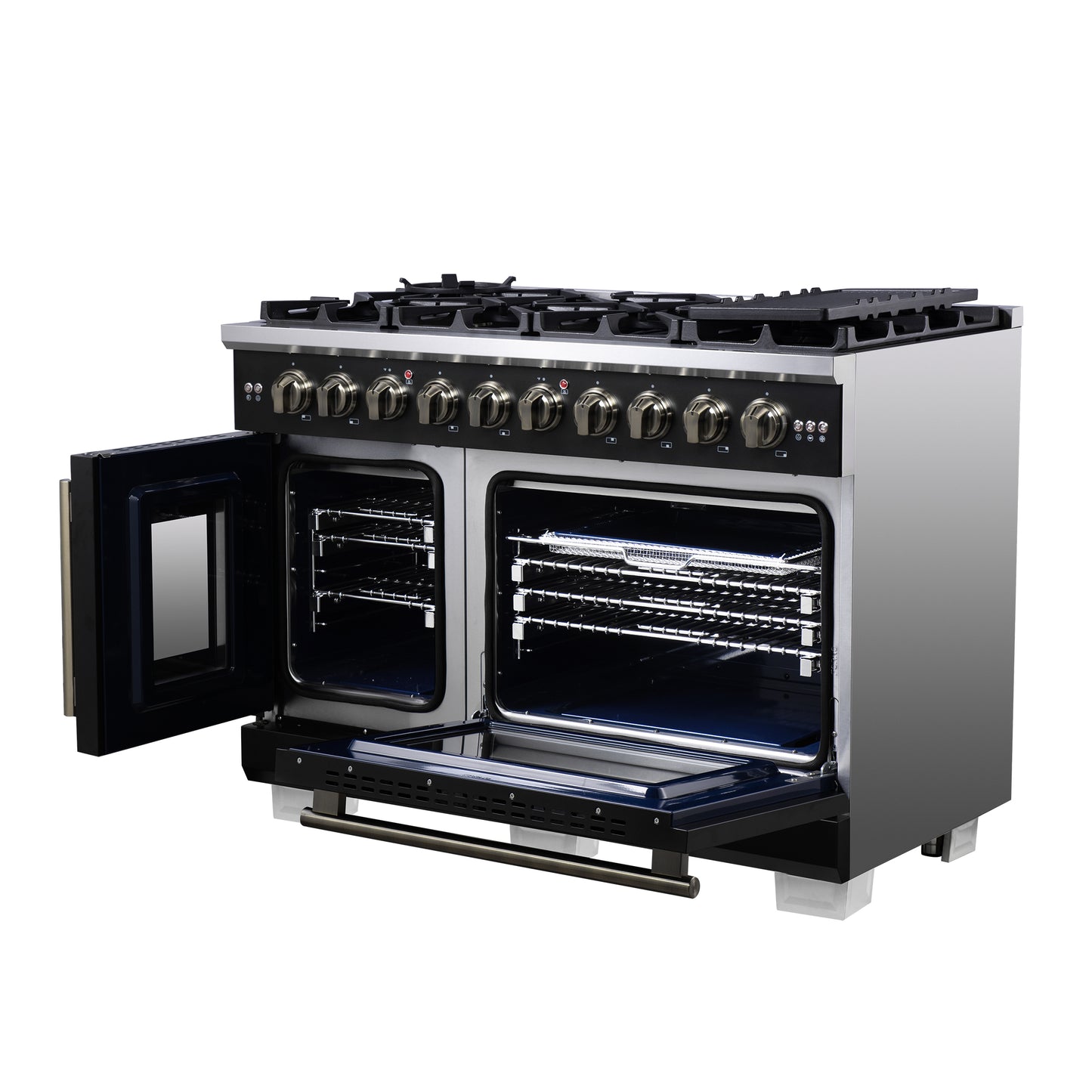 Forno Capriasca 48-Inch Black Freestanding French Door Gas Range, 8 Burners, Convection Oven, Energy Efficient
