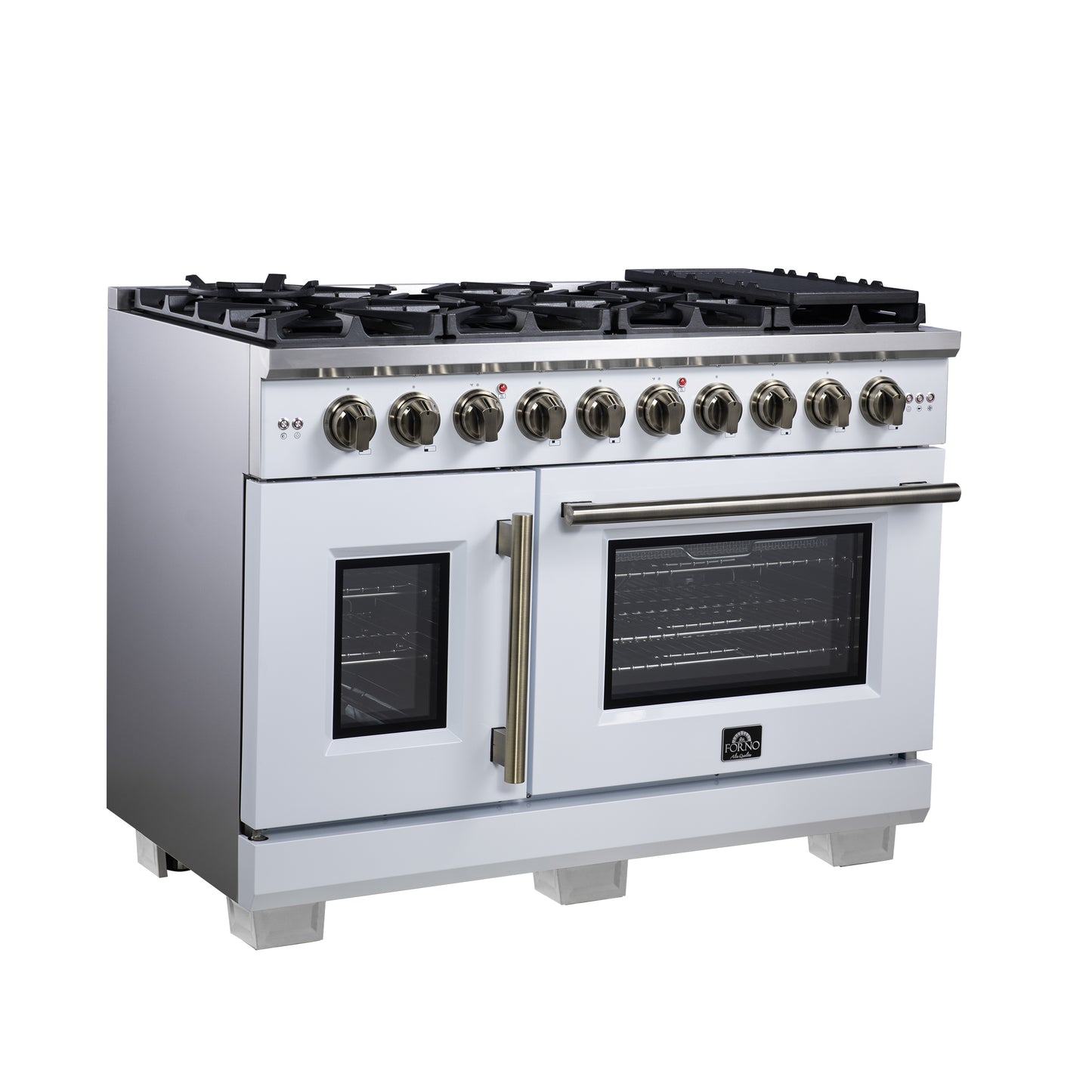 Forno Capriasca 48-Inch White Freestanding French Door Gas Range, 8 Burners, Convection Oven, Energy Efficient