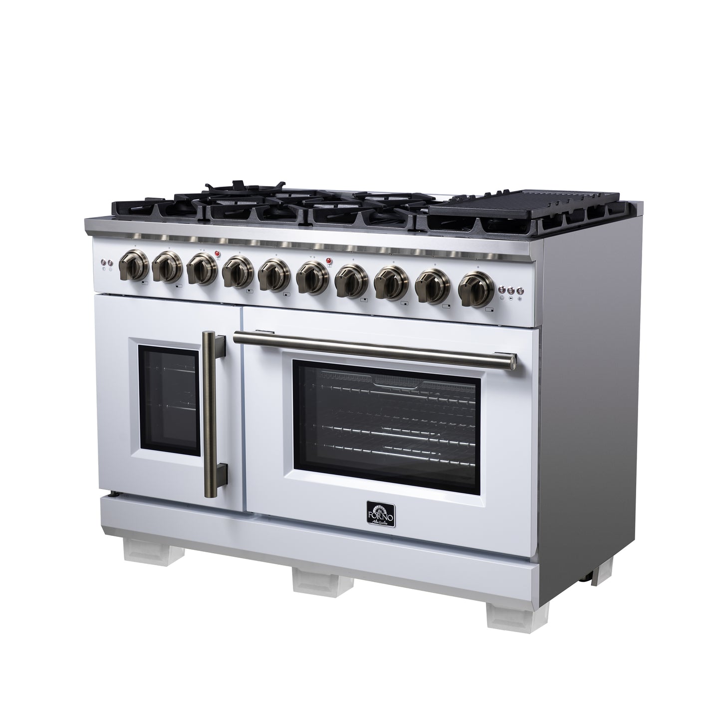 Forno Capriasca 48-Inch White Freestanding French Door Gas Range, 8 Burners, Convection Oven, Energy Efficient