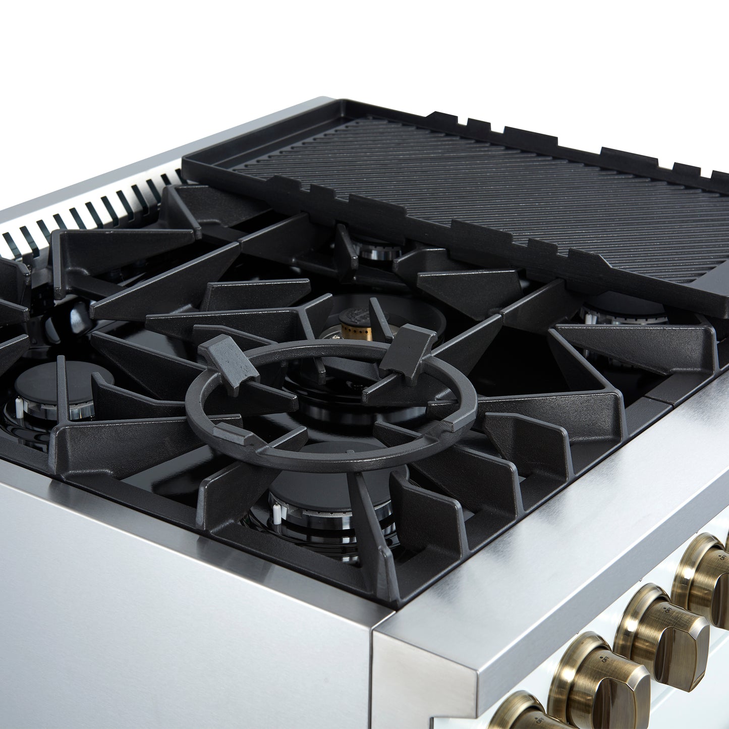 Giovanni 30-inch Gas Range White & Antique Brass Design, 5 Burners 67,000 BTU, 4.32 cu.ft. Convection Oven