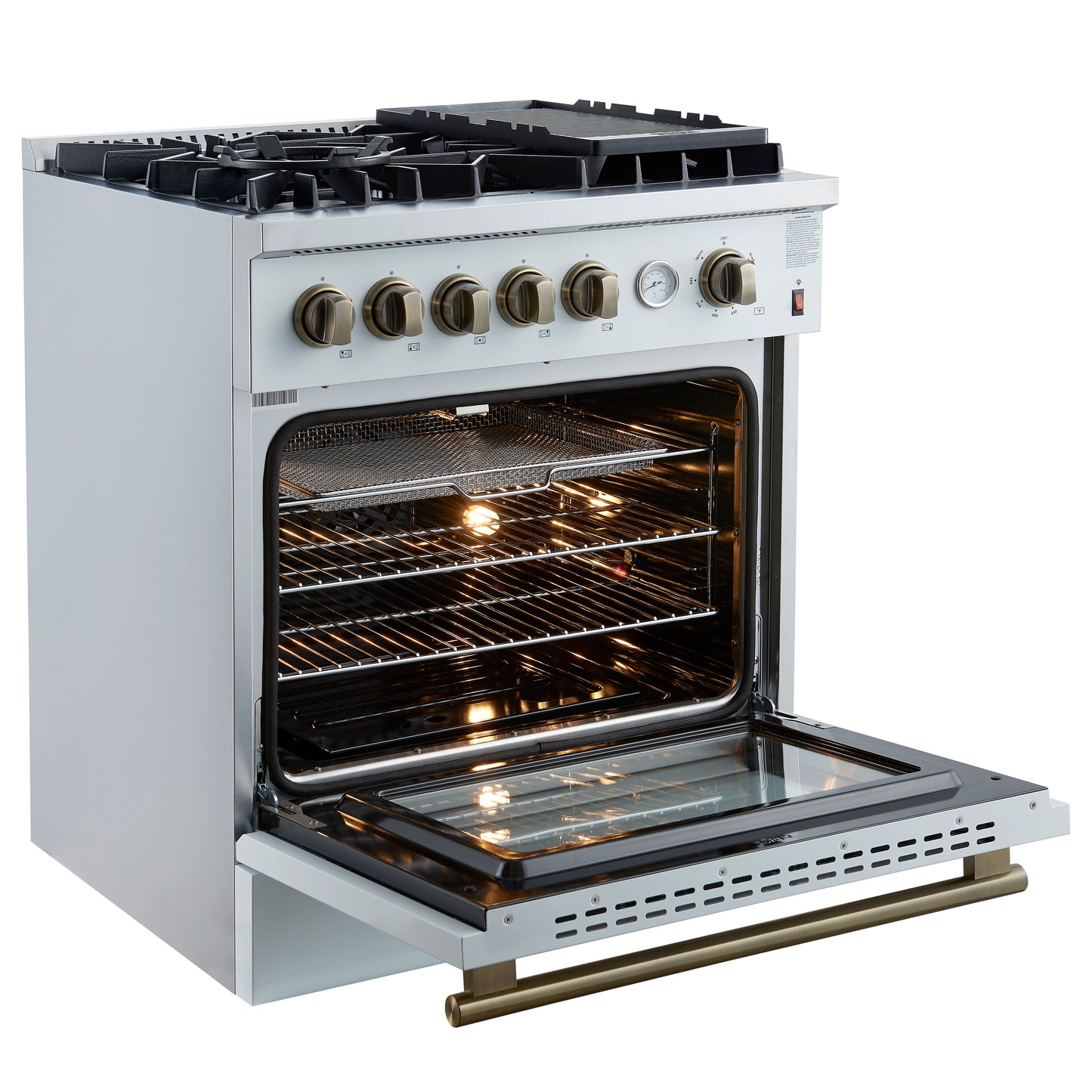 Giovanni 30-inch Gas Range White & Antique Brass Design, 5 Burners 67,000 BTU, 4.32 cu.ft. Convection Oven