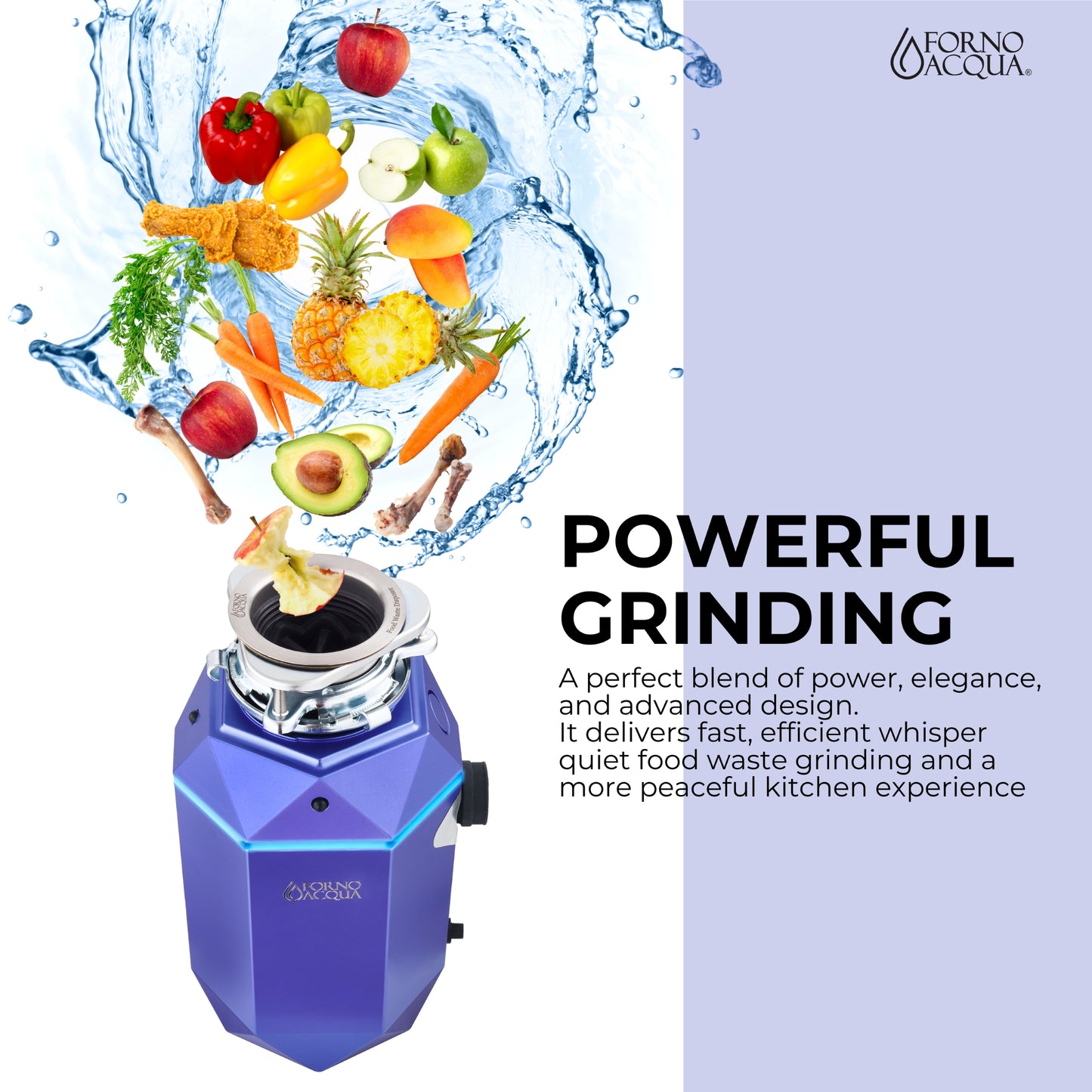 FORNO ACQUA BrightDIAMOND Amethyst 3/4HP Super Quiet Garbage Disposal Corded with Motion Sensor Cabinet Light & Pre-Wired Air Switch