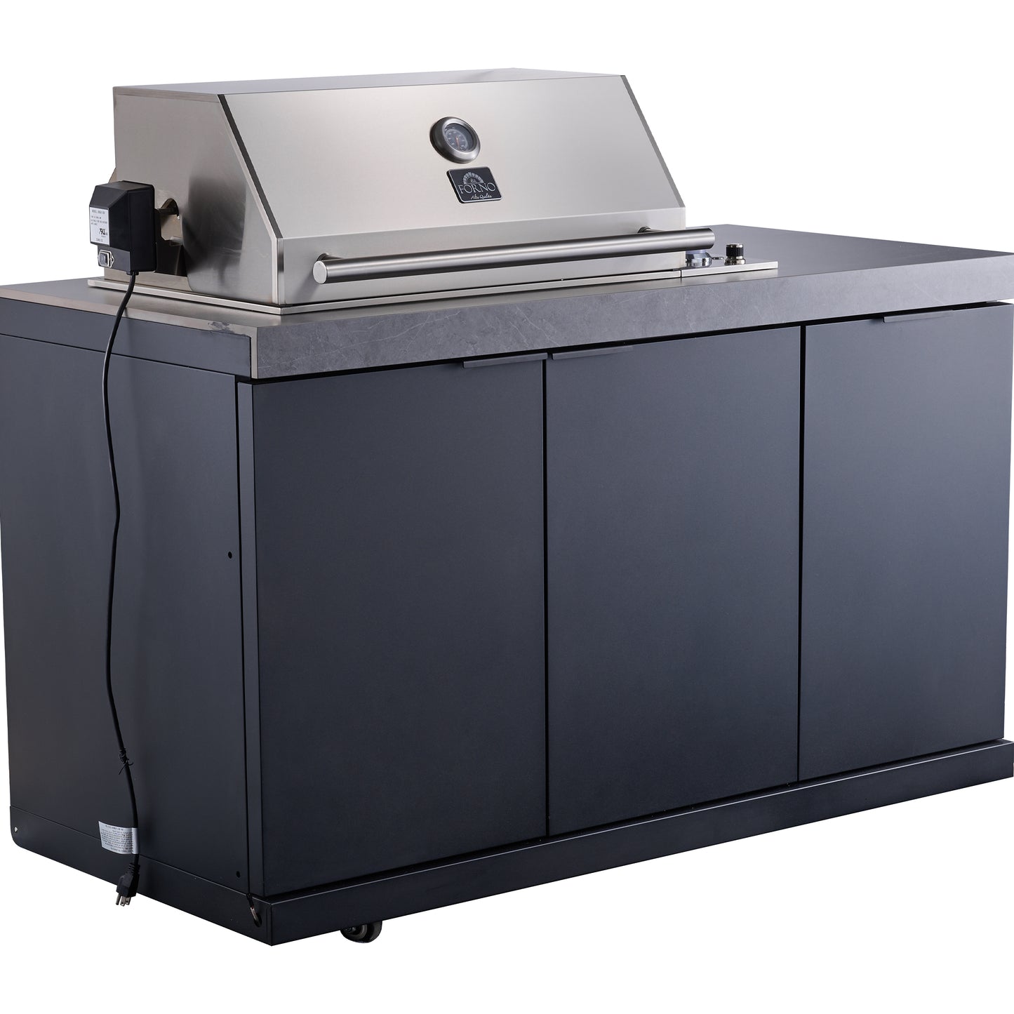 Forno Rimini Outdoor Kitchen 30" BBQ 62,600 BTU, 3 Burners with Sear & Rotisserie, 2.4 cu.ft. Beverage Center, Stainless Steel Sink, Black Cabinets & Gray Sintered Stone Countertop