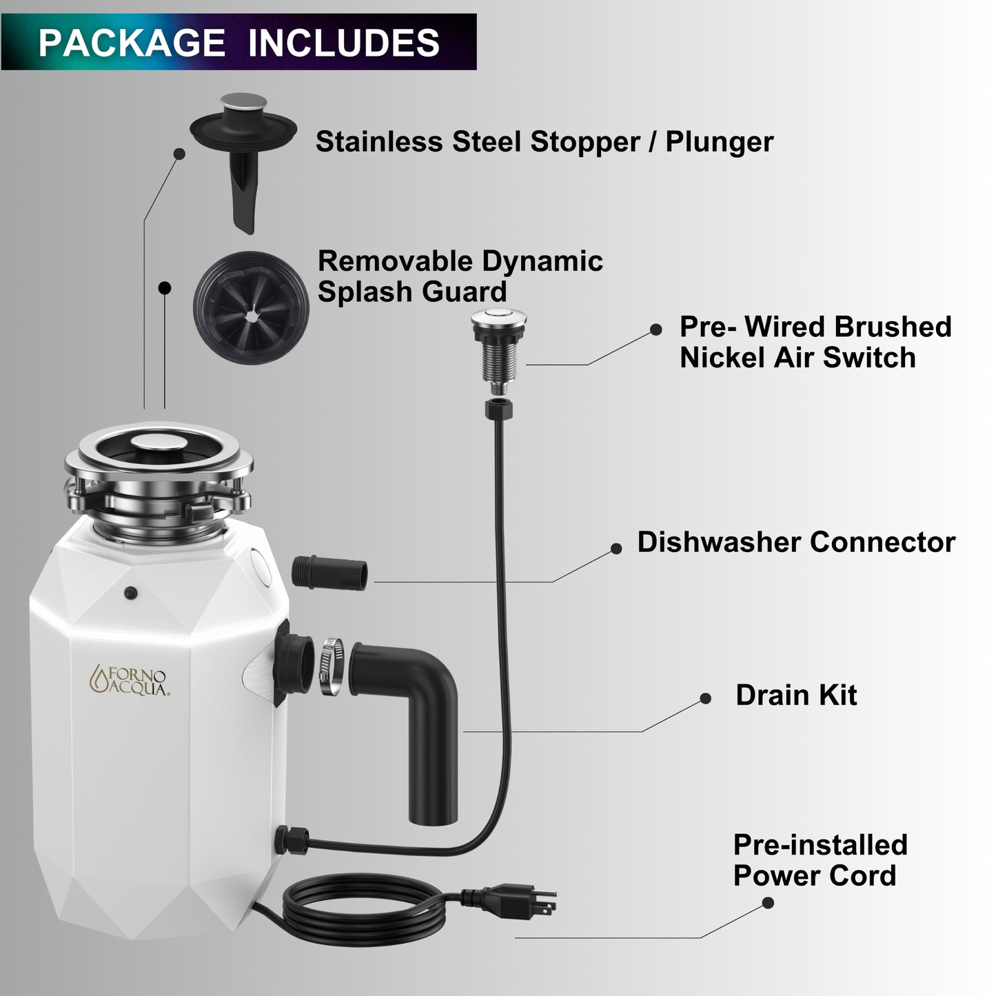 FORNO ACQUA BrightDIAMOND Moonstone 3/4HP Super Quiet Garbage Disposal Corded with Motion Sensor Cabinet Light & Pre-Wired Air Switch