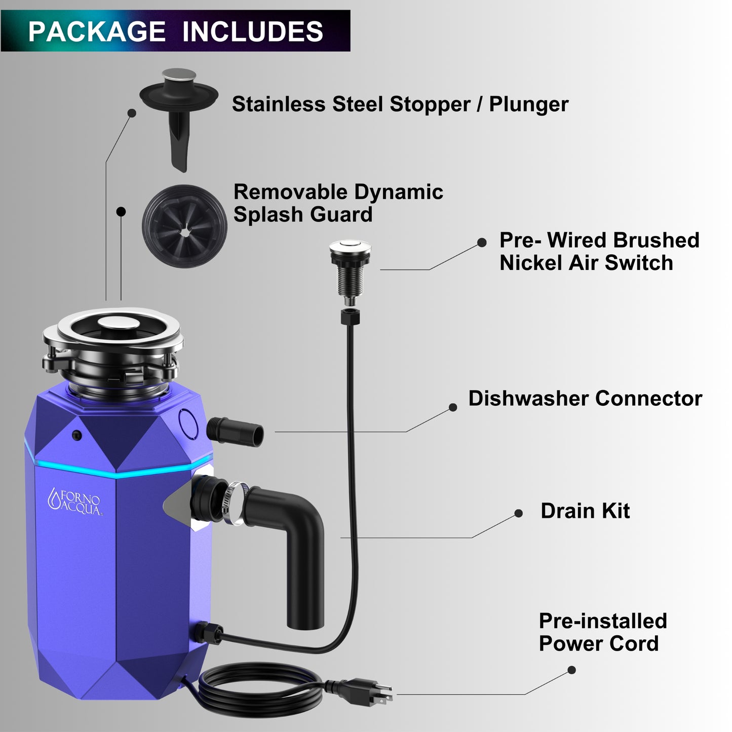 FORNO ACQUA BrightDIAMOND Amethyst 3/4HP Super Quiet Garbage Disposal Corded with Motion Sensor Cabinet Light & Pre-Wired Air Switch