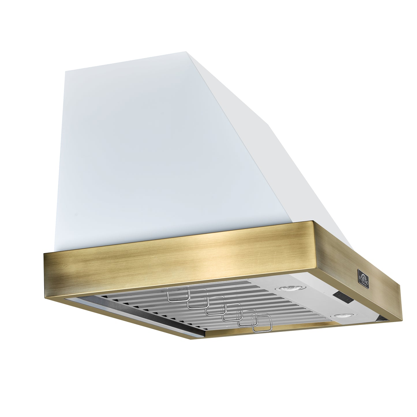 Forno Vittorio 36-Inch Wall Mount Range Hood, White with Antique Brass Trim, 600 CFM Airflow, Dishwasher-Safe Baffle Filters, Remote Control, 3-Speed Fan, Bright LED Lighting.