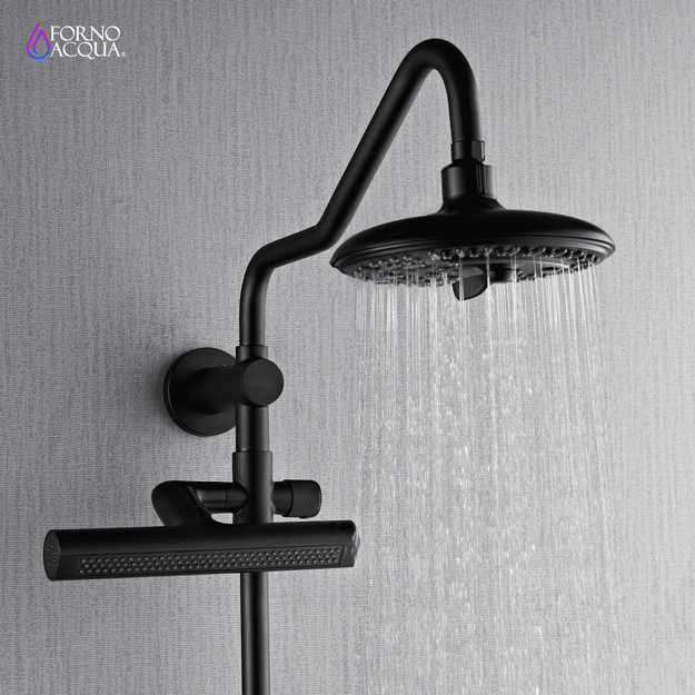 Forno Acqua AcquaFALL Shower, Matte Black Finish, Overhead Rainfall Shower, 7 Way Diverter, Handheld Shower Head, Body Jets, 1.8 GPM Flow Rate