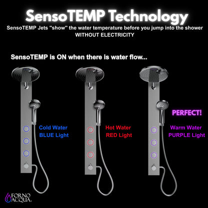 Forno Acqua AcquaSpa Shower Panel with SensoTemp, Stainless Steel, Overhead Rainfall Shower, Handheld Shower Head, Body Jets, 2.5 GPM Flow Rate