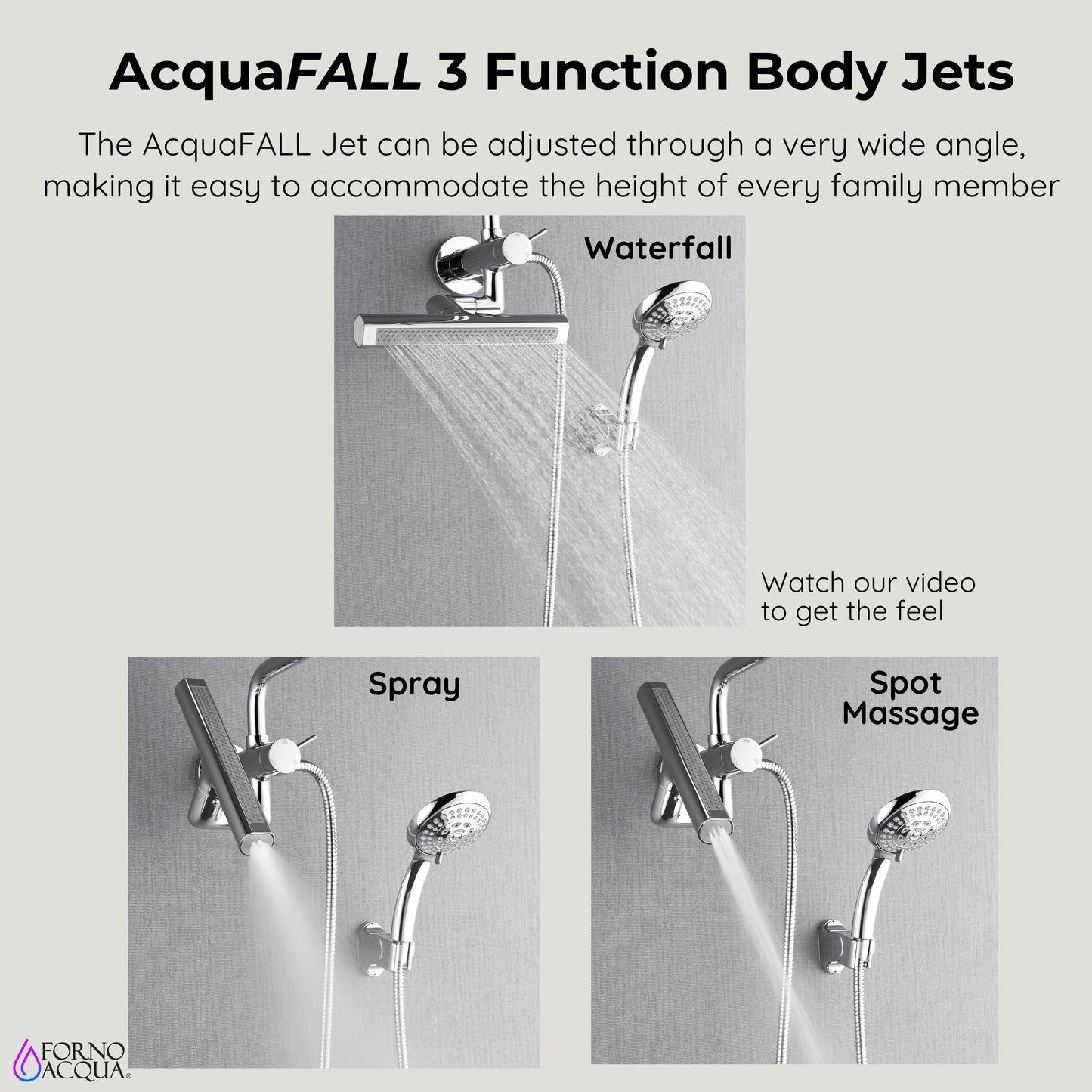 Forno Acqua AcquaFALL Mini Shower Head, Polished Stainless Steel Finish, Overhead Rainfall Shower, 7 Way Diverter, Handheld Shower Head, Body Jets, 2.5 GPM Flow Rate