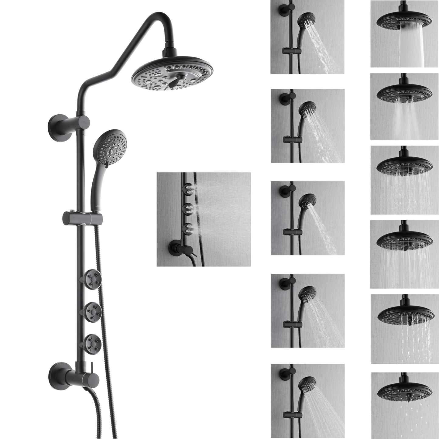 Forno Acqua AcquaSPA Retrofit Shower, Overhead Rainfall, 8 Inch Shower Head, Handheld Shower Head, Body Jets, 6 Way Diverter, Matte Black Finish, 2.5 GPM Flow Rate