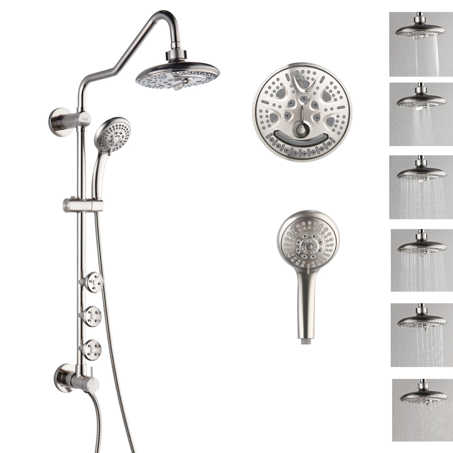 Forno Acqua AcquaSPA Retrofit Shower, Overhead Rainfall, 8 Inch Shower Head, Handheld Shower Head, Body Jets, 6 Way Diverter, Brushed Nickel Finish, 2.5 GPM Flow Rate