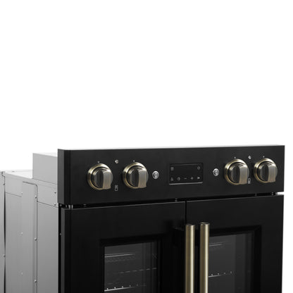 Forno Asti 30-Inch Double Electric Wall Oven with Upper French Doors in Black & Antique Brass, 7.36 cu. ft. Dual True Convection, 7,200W, Air Fry, Sous Vide, Self-Clean