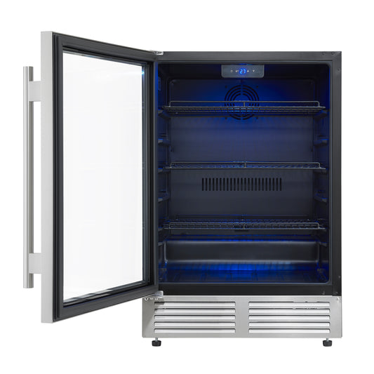 Forno Frescolino 24 Inch Beverage Cooler, Stainless Steel, with LED Lighting, Triple Glass Door, 188 Can Capacity, Built-In or Freestanding