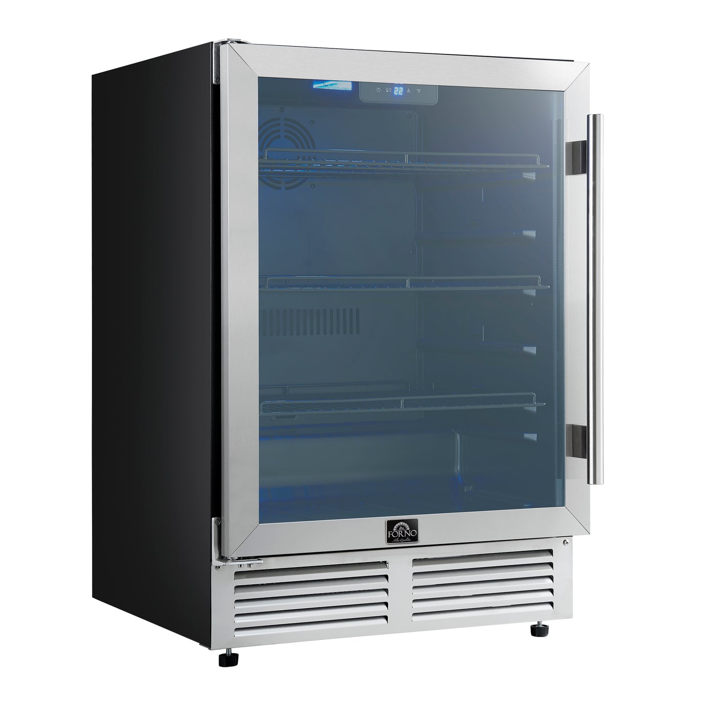 Forno Frescolino 24 Inch Beverage Cooler, Stainless Steel, with LED Lighting, Triple Glass Door, 188 Can Capacity, Built-In or Freestanding